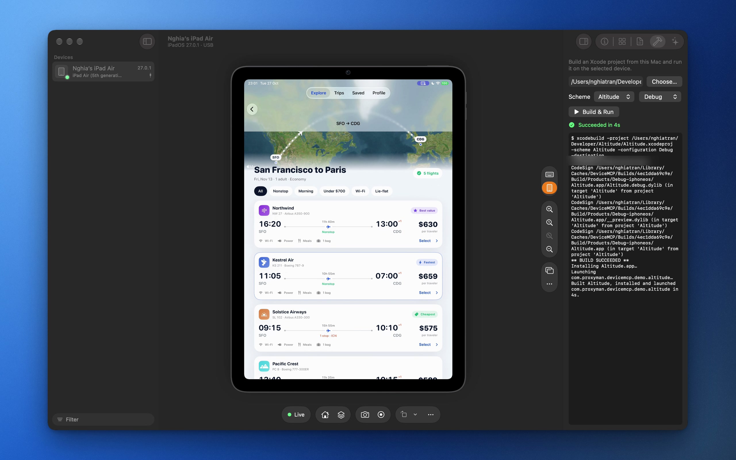 Build & Run in the Inspector: the build log, and the freshly installed app running on the iPad